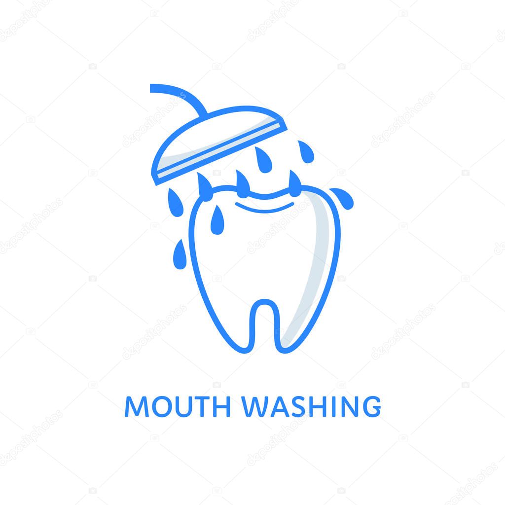 Dental icons. Mouth washing symbol isolated on white. Tooth takes a shower with a mouthwash. Teeth care and hygiene illustration. Flat line style label. Stomatology emblem.