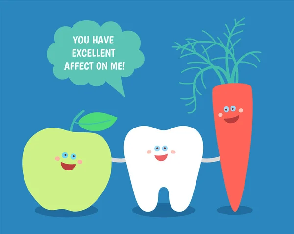 Yeşil Elma Havuç Ile Karikatür Diş Dişlerinizi Için Iyi Yemek — Stok Vektör