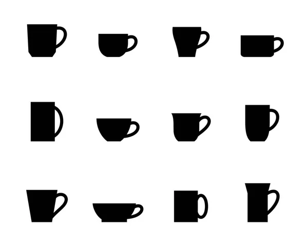 一组被白色隔开的杯子 不同形状的杯子 杯子的集合 厨房或咖啡馆设计的元素 黑色的杯子剪影 — 图库矢量图片