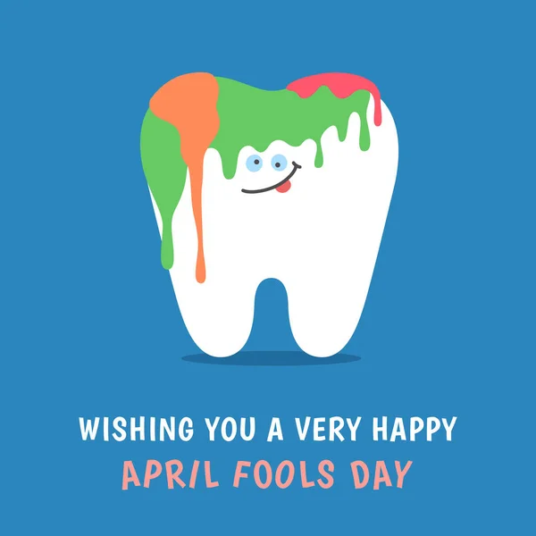 Coloring cartoon tooth with holiday greetings. April Fools Day joke with colorful paints! Dental illustration isolated on blue background. Greeting card from dentistry.