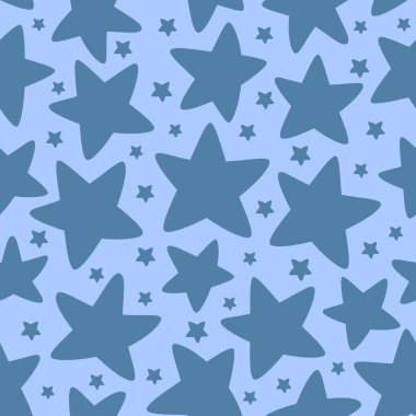 Mavi üzerinde yıldızsız desen. Noel tatili arka planında. Küçük ve büyük yıldızlı gece gökyüzü. Paket kağıdı için basit illüstrasyon.