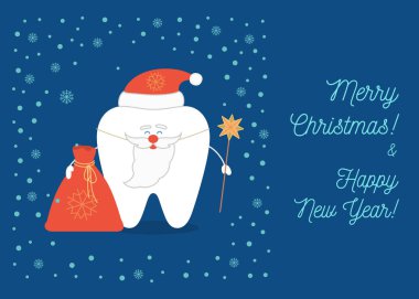 Bir dişçiden Noel tebrik kartı. Gülümseyen Diş, Noel Baba kostümü giyiyor..