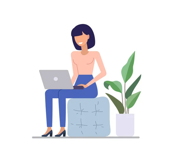 La donna sta lavorando sul portatile, spazio di coworking . — Vettoriale Stock