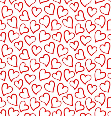 Kusursuz desenli, beyaz arka planda kırmızı el çizilmiş kalpler. Sevgililer Günü Kartları için Tasarım.
