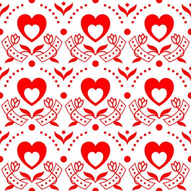 Sevgililer Günün kutlu olsun! Kalpli, çiçekli, noktalı ve daireli kusursuz desen. Aşk ve aşk beyaz ve kırmızı renklerde. Kumaş ya da kağıda yazdırmak için doğrusal biçimdeki süslü süs.