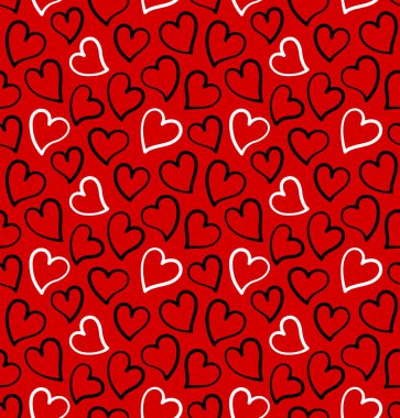 Kırmızı arka planda siyah ve beyaz renklerde kalpsiz desenler var. Sevgililer Günü Kartları için tasarım. Elle çizilmiş kalpler.