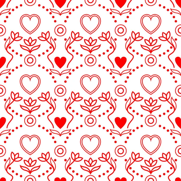 Glücklicher Valentinstag Nahtloses Muster Mit Herzen Blumen Punkten Und Kreisen — Stockvektor