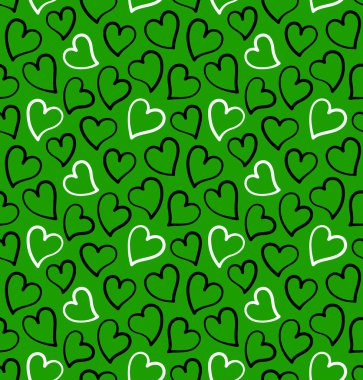 Yeşil arka planda siyah ve beyaz renklerde kalpsiz desenler var. Sevgililer Günü Kartları için tasarım. Elle çizilmiş kalpler.