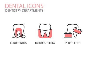 Diş simgeleri. Endodontikler, parodontoloji, beyaza izole edilmiş protezler. Diş hekimliği bölümleri çizimleri. Diş logosu. Diş bakımı.
