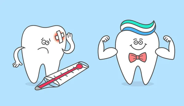 卡通牙齿 健康强壮的牙齿和生病的牙齿 疼痛的牙齿与牙痛和温度计 牙科概念 在牙科治疗之前和之后 儿童的病媒说明 — 图库矢量图片
