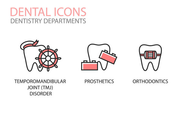 Стоматологические иконы. Расстройство височно-нижнечелюстного сустава (TMJ), протезирование, ортодонтия изолированы на белом. Иллюстрации стоматологических отделов. Логотип зуба. Уход за зубами
.