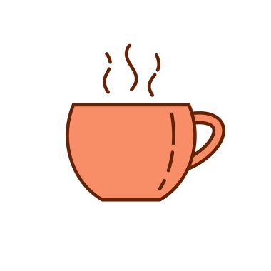 Kahve fincanı kupası ikonu. Doğrusal çizim. Aromalı sıcak içecek bardağı. Kupa beyazda izole edilmiş. Açık kırmızı pastel renk.