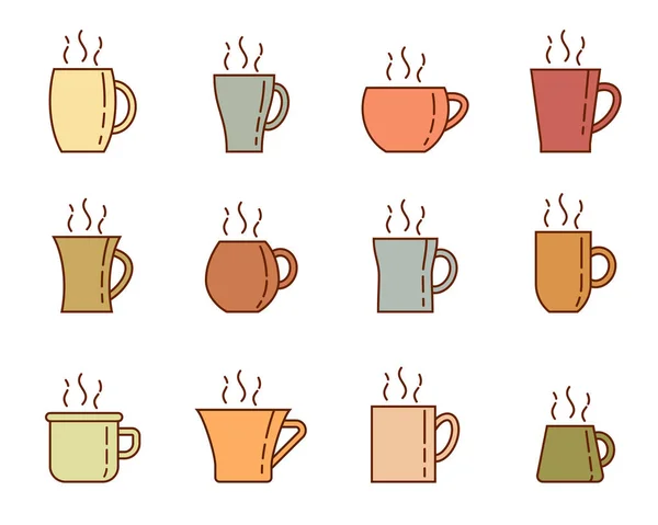 一套在白色上隔离的杯子 不同形状的杯子 收集的杯子 厨房或咖啡店设计中的色彩柔和 线条流畅的元素 — 图库矢量图片