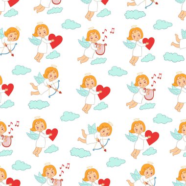 Bulutların üzerinde yay, ok, arp ve kalp taşıyan meleklerle kusursuz desen.