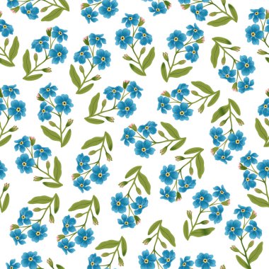 Kusursuz desenli kart, çiçekli unutma beni. Mevsimsel tasarım için bahar arkaplanı.