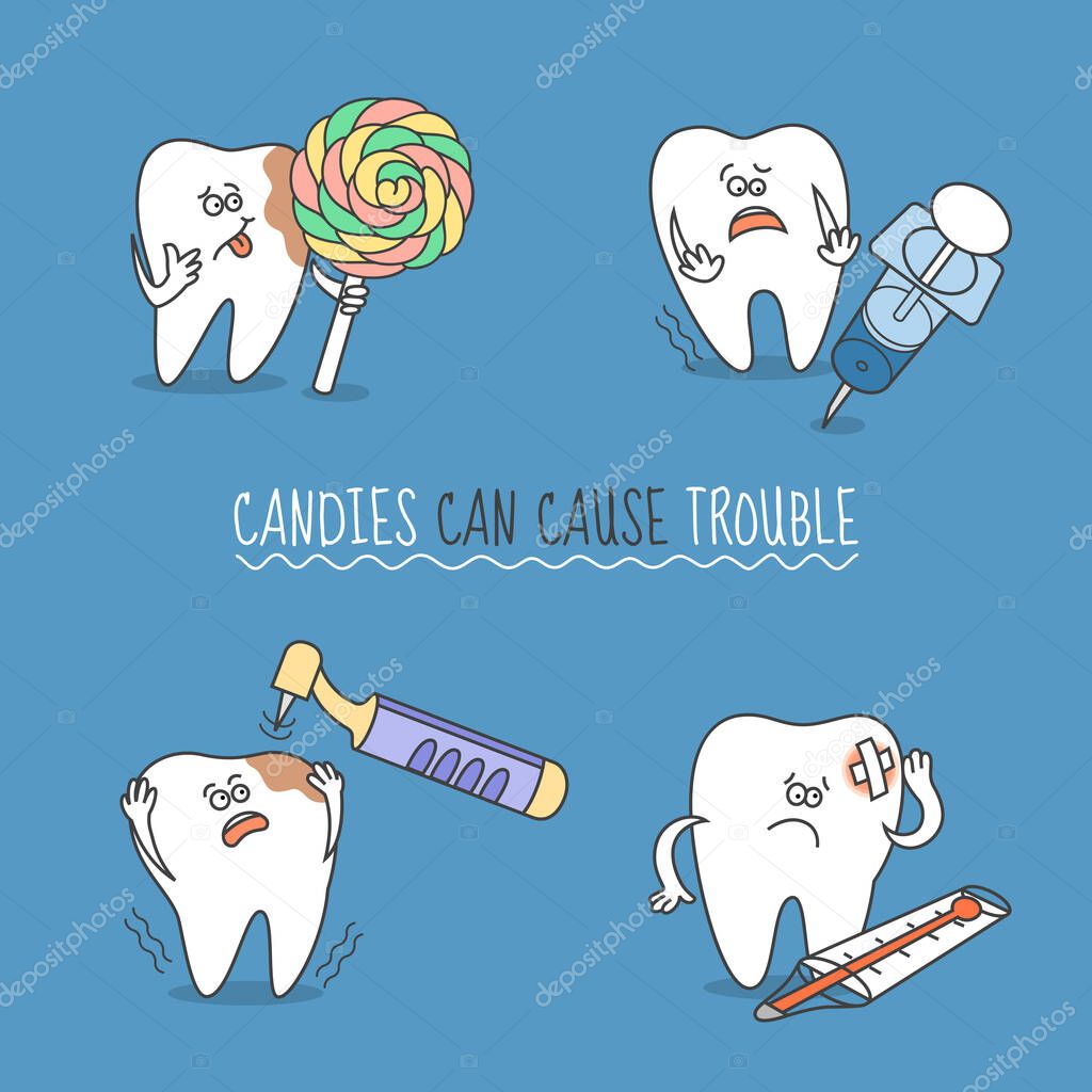 Teeth cartoon set. Candies can cause trouble. A tooth with candy, thermometer, syringe, and drill. Cute and funny characters for your dentistry design or like a standalone illustration.