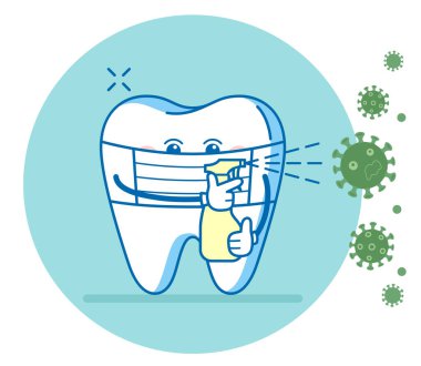 Diş, temas yüzeylerini dezenfekte etmek ve maske takmak için dezenfekte spreyi tutuyor. COVID-19 ya da Coronavirus salgınından kaynaklanan diş örnekleri. Temizlik işyerlerinin işareti.