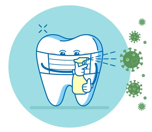 牙齿装有清洁剂喷雾 用于消毒接触表面的病毒和戴口罩 由Covid 19或Coronavirus爆发引起的牙科图解 清洁工作场所的标志 — 图库矢量图片