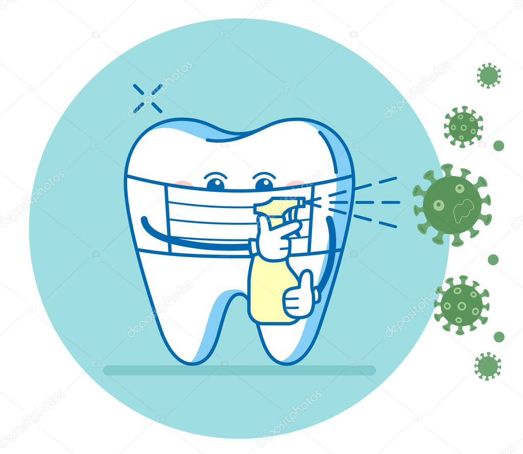 The tooth holds sanitizer spray for disinfecting contact surfaces from virus and wearing mask. Dental illustration due to COVID-19 or Coronavirus outbreak. Sign of cleaning workplaces.