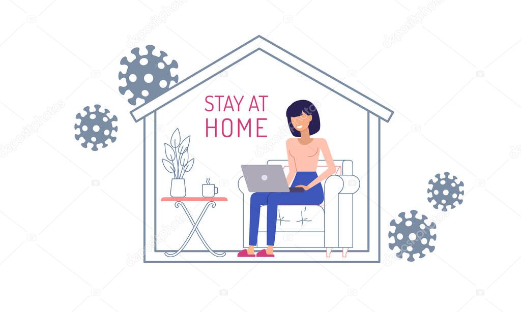 Stay at home, save lives. Self-isolation, quarantine in order to prevent spreading coronavirus, Covid-19. The woman inside the house, remote work.