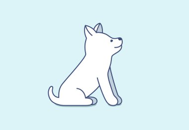 Sibirya Husky 'sinin şirin yavrusu oturuyor, bekliyor ve bakıyor. Açık mavi pastel renkte meraklı ve meraklı küçük bir köpek..