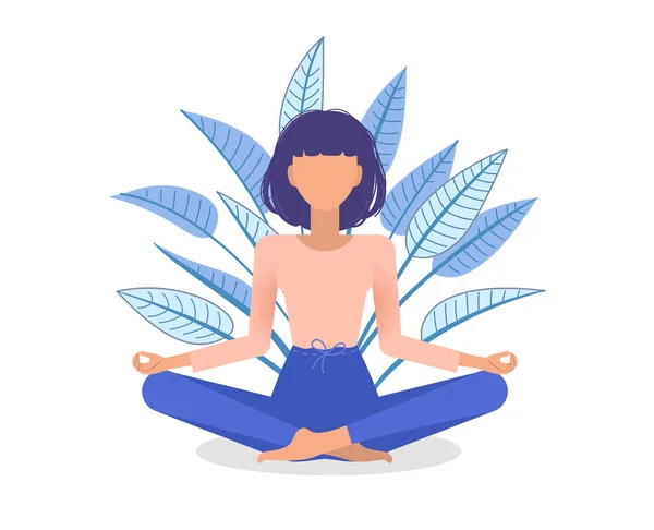 Mulher Meditando Folhas Plantas Menina Pose Lótus Praticando Ioga Ilustração — Vetor de Stock