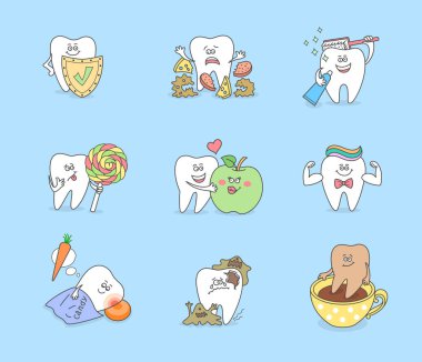 Set, diş illüstrasyonları koleksiyonu. Farklı nesnelerin olduğu çizgi film dişleri: kalkan, yemek, fırça, şeker, elma, kas, havuç, kahve, bakteri. Diş sağlığı ve diş sağlığı için diş bakımı simgeleri.