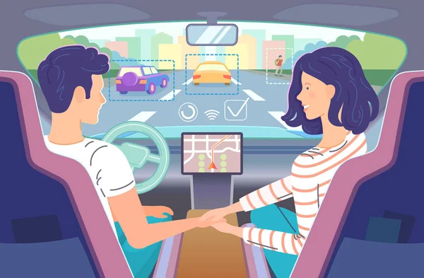 自动驾驶 夫妻二人自驾车 手牵手说话 司机用自动驾驶仪把方向盘上的手拿开 无轨电动车内舒适性的概念 — 图库矢量图片