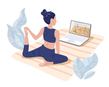 Yoga stüdyoları çevrimiçi dersler veriyor. Bilgisayarda spor dersleri izleyen ve evde spor yapan bir kız. Resimleri beyaza izole et.