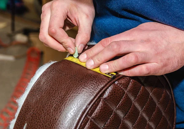 Seat upholstery in a furniture workshop, eco-leather cover — Stock Photo, Image