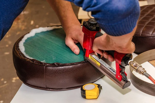 Seat upholstery in a furniture workshop, eco-leather cover — 스톡 사진