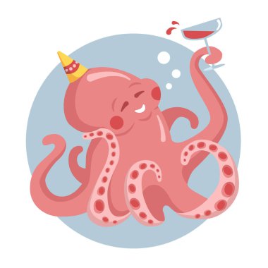 Tatilde bir bardak şarapla komik ahtapot. Dokunaçları olan pembe ahtapot su altında havasında.