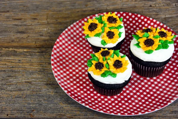 Sunflowers on chocolate cupcakes — Stock Photo, Image