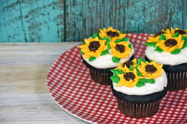 Sunflowers on chocolate cupcakes — Stock Photo, Image