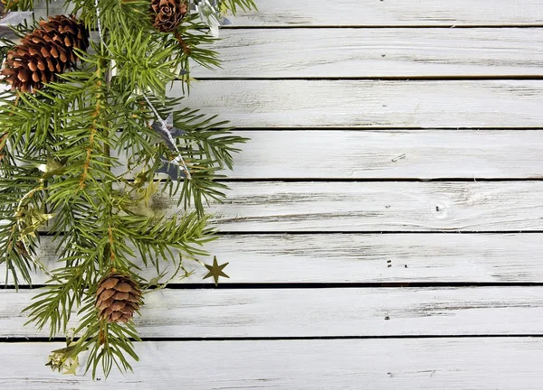 Noel çam dal ahşap üzerine — Stok fotoğraf