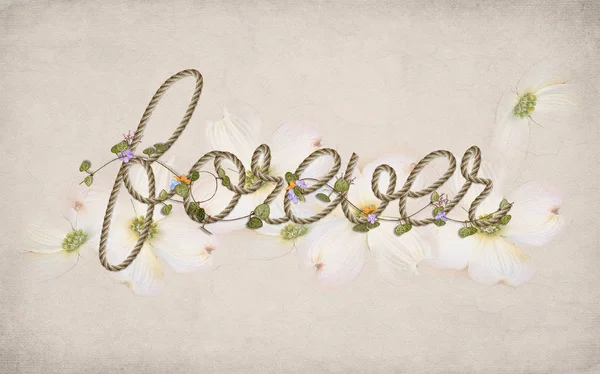 Слово назавжди в дизайні мотузки з квітами — стокове фото