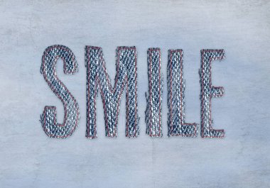 Word gülümseme mavi kot kumaş