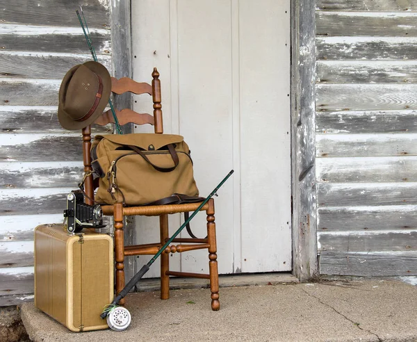 Vintage fly rod with suitcase — Stock Photo, Image