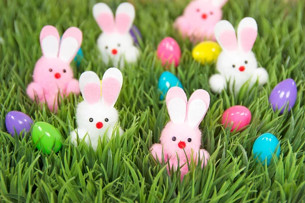 Conejitos de Pascua y huevos en la hierba —  Fotos de Stock