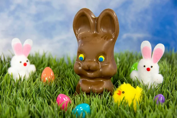 Chocolate Easter bunny in grass — Stock Photo, Image