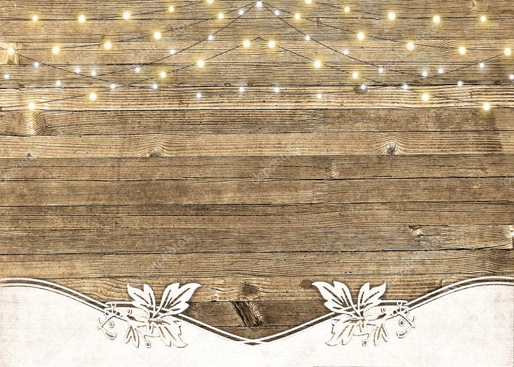 glowing string of lights on rustic wood