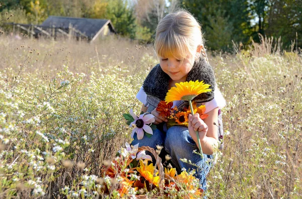 Jong blond meisje in landelijke weide met bloemen — Stockfoto