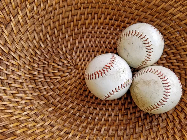 Baseballs in wicker basket — Stock Photo, Image
