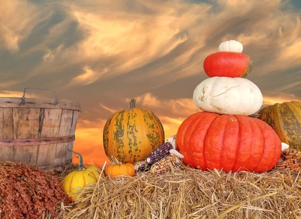 Güz pumpkins saman balya gün batımı ile üzerinde — Stok fotoğraf