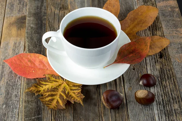 Zwarte koffie in witte cup op schotel met kastanjes — Stockfoto