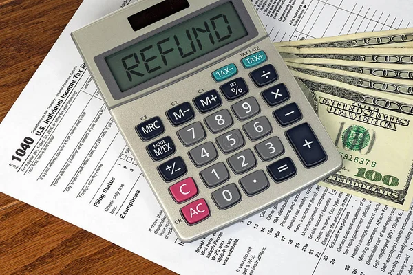 Calculadora Con Señal Texto Reembolso Formulario Impuesto Sobre Renta 1040 —  Fotos de Stock