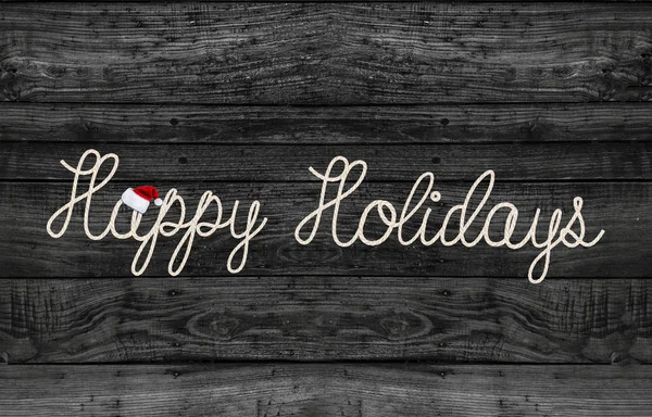 Happy Holidays Greeting Text Rope Design Rustic Black Wood Santa — Stock Photo, Image
