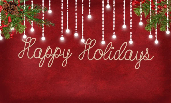 Happy Holidays Rope Design Red Illuminated Lights Pine — Stock Photo, Image