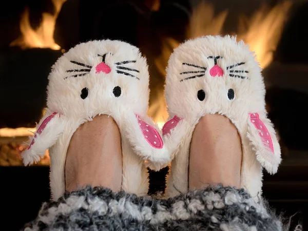 Pair Bunny Slippers Fireplace Striped Afghan — Stock Photo, Image