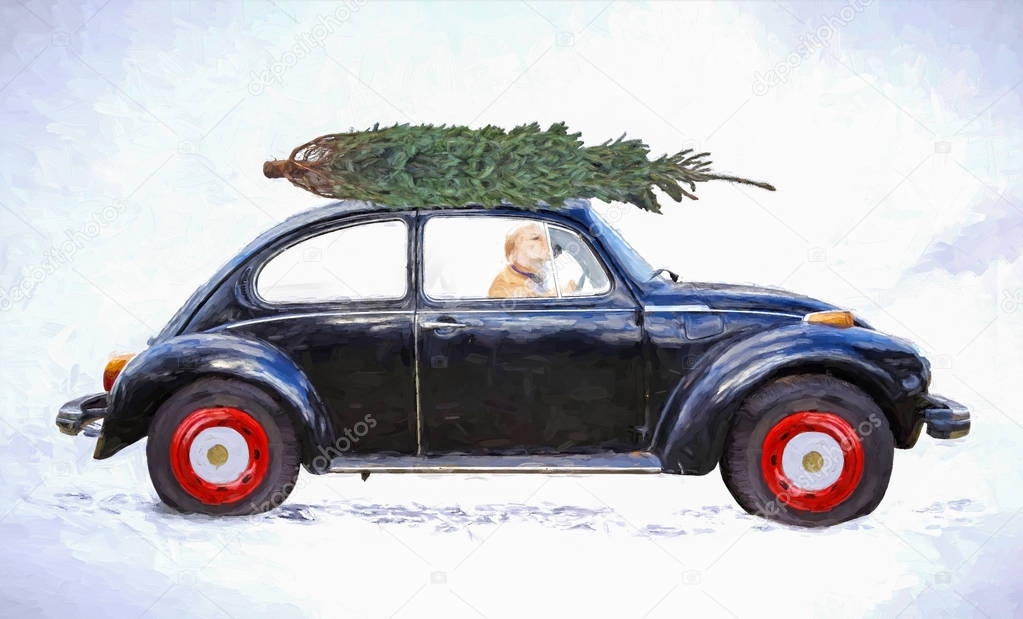 impressionism of golden retriever dog driving old-fashioned black car with Christmas pine tree on roof